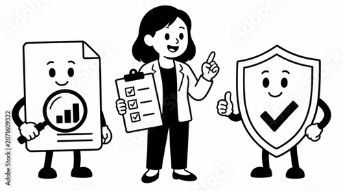 Cartoon characters holding documents and shield.