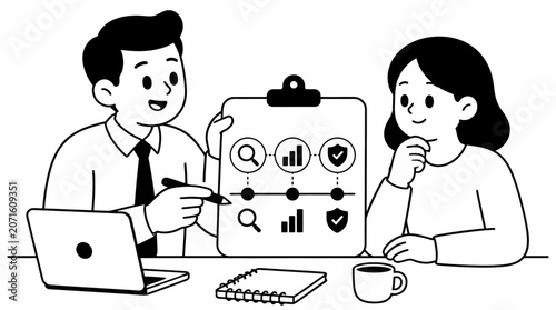 Business colleagues discussing analytics on clipboard.