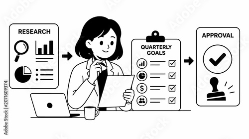 Woman reviewing quarterly goals on laptop at desk.