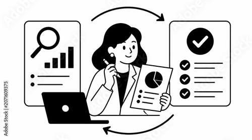 Businesswoman analyzing data on laptop and documents.