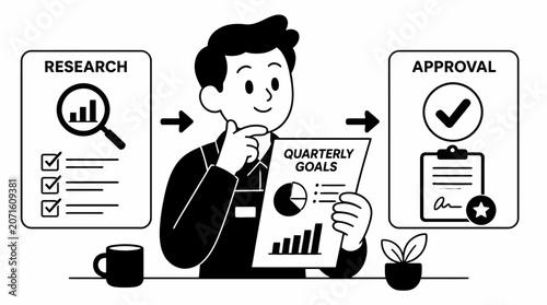 Business professional reviewing quarterly goals and research documents.