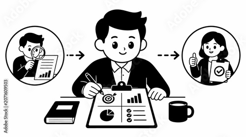 Business professional analyzing charts and data at desk.