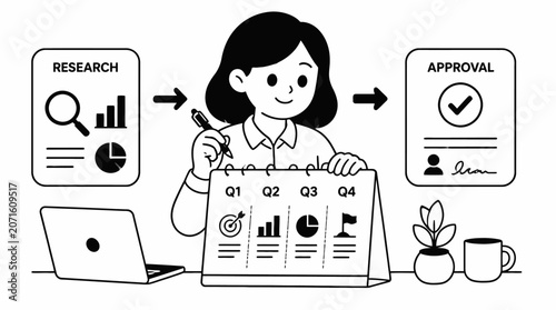 Woman working on laptop with research and approval icons.