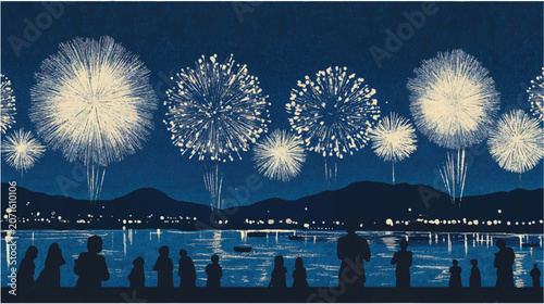 Canvas-taulu 夜空に大きな花火が打ち上がる湖畔の風景、夏祭りやイベントを感じる幻想的な背景素材