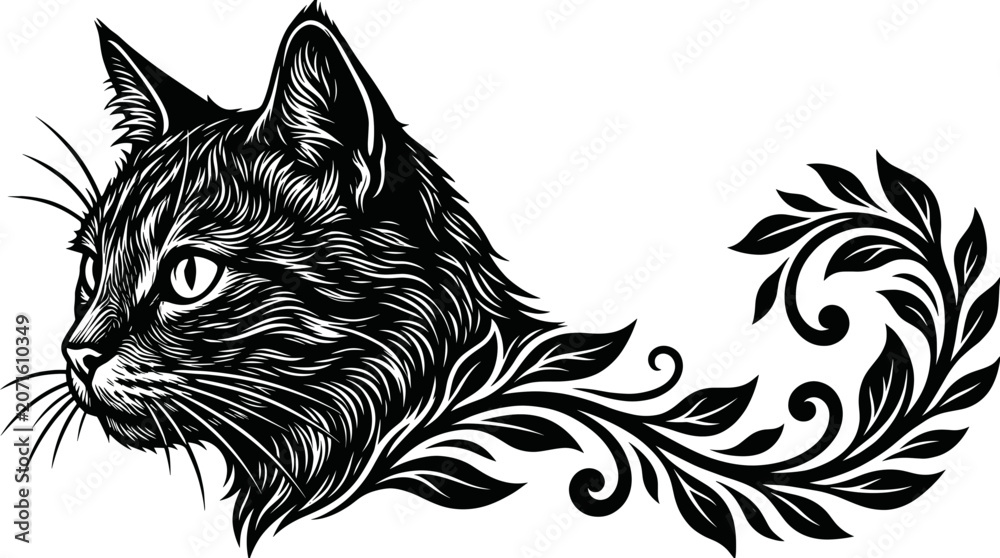 Obraz premium Ornate black cat head with floral swirl tail, elegant feline tattoo style vector illustration for decals and apparel