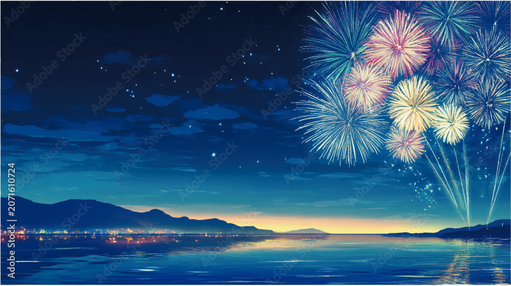 Fototapeta premium 夜の海に打ち上がるカラフルな花火、夏祭りや観光イベントを感じる幻想的な背景素材