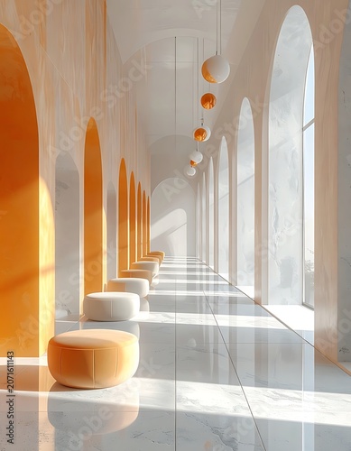 Modern interior design with arches and seating.