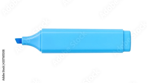 Bright blue highlighter placed on a white background ready for use in studying or taking notes