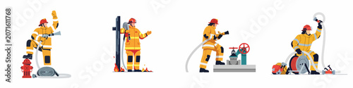 Foto Set of professional firefighters in yellow protective gear using fire hoses, hydrants, and specialized equipment to extinguish fires and ensure public safety