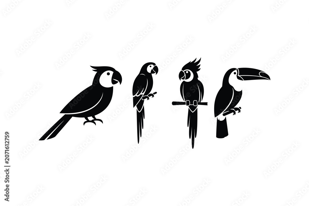 Fototapeta premium Tropical Bird Silhouettes Set of Parrot and Toucan Icons