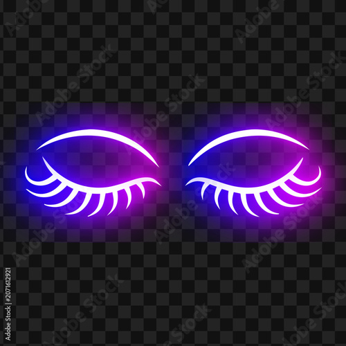 Neon glowing closed eyes icon with long eyelashes in purple light illustration creative luminous