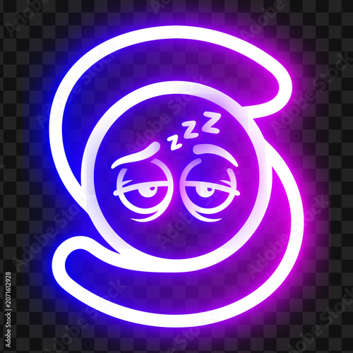 Neon glowing sleeping face emoji icon with purple and white light effect sleeping exhausted