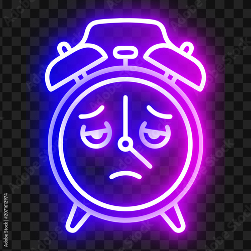 Neon glowing tired alarm clock icon with sad face expression exhausted illustration creative