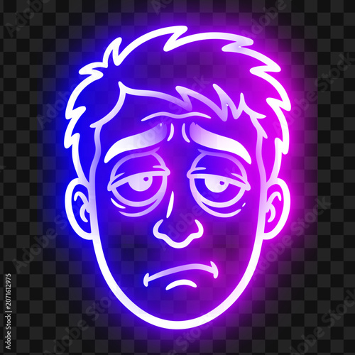 Neon glowing portrait of a tired and exhausted man face with exhausted portrait illustration
