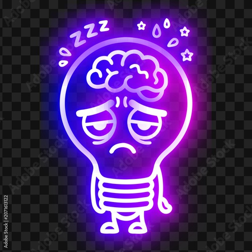 Exhausted light bulb character with glowing brain lightbulb exhausted overworked character