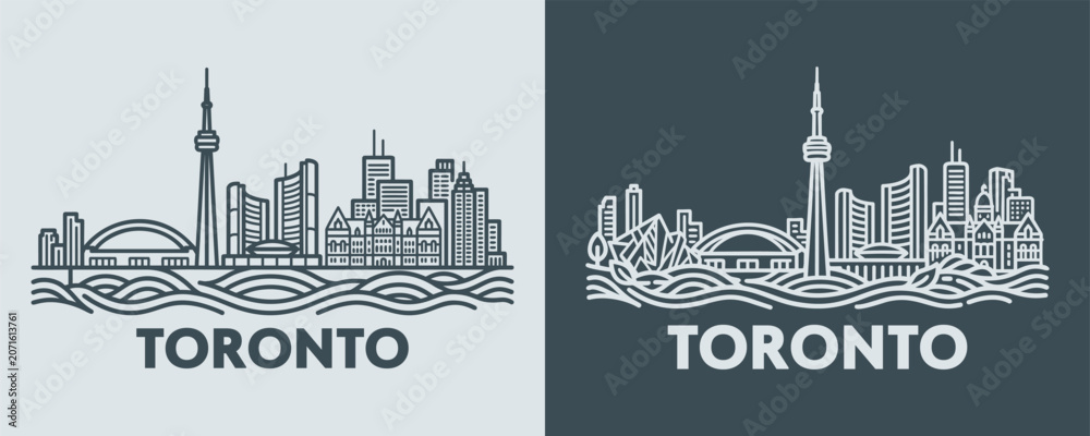 Obraz premium Toronto Canada City Skyline Line Drawing Illustration with Tall Communication Tower and Lakefront Urban Architecture Vector