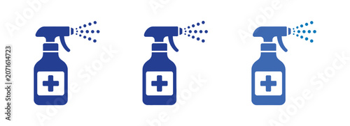 Bild auf Leinwand Disinfectant Spray Bottle Icons Set Featuring Medical Cross Symbols for Surface
