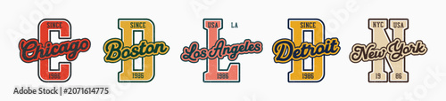 College style US cities capital letter badges for athletic design. Chicago, New York, Boston, Los Angeles, Detroit vintage university element for t-shirt, badge, team emblem and other design. Vector