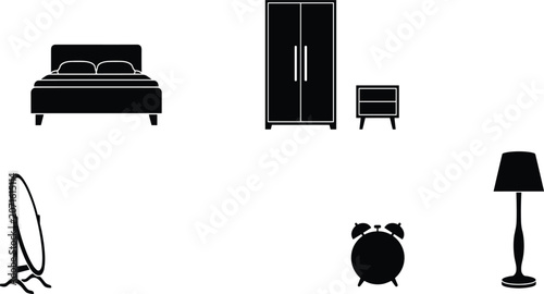 Fotografía Bedroom furniture and decor elements silhouette vector icon set containing doubl