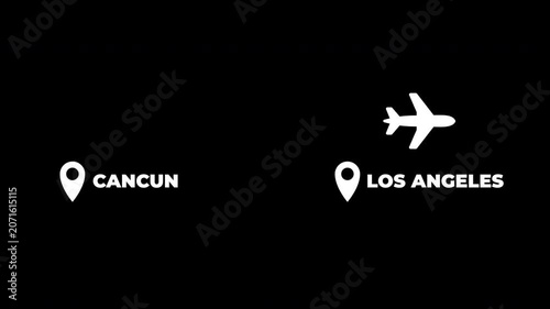 Cancun To Los Angeles Airplane Travel Flight Route White Animation Transparent Background With Alpha Channel
