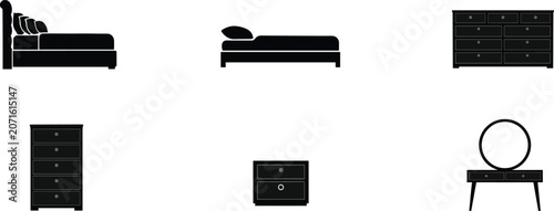 Fotografía Bedroom interior furniture silhouette vector icon set containing double bed sing