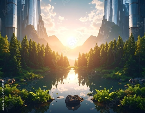 Futuristic cityscape with serene natural landscape.