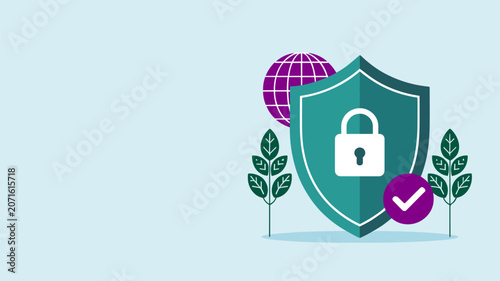 Cyber Security Shield: A stylized shield with a padlock and globe signifies digital protection, flanked by abstract greenery and a purple checkmark, representing secure and verified data.