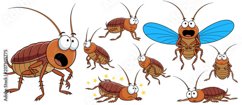 Cockroach Cartoon Collection: A set of expressive cartoon cockroaches showcasing various emotions and actions, from surprise and fear to flight, ideal for humorous or illustrative purposes.