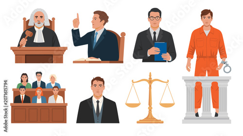 Justice System Icons: A collection of graphic icons representing key figures and elements of the legal justice system, including a judge, lawyer, defendant, jury, and scales of justice.
