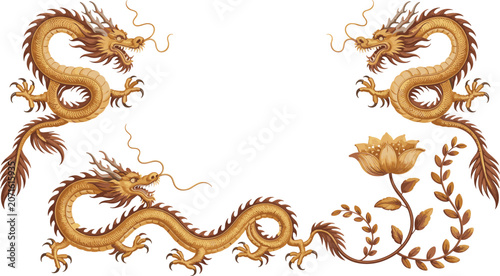 Golden Dragons and Lotus: A trio of ornate golden dragons coiled amidst delicate floral motifs, featuring a blooming lotus flower and swirling foliage.
