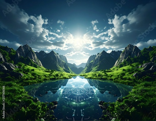 Serene Mountain Lake Reflection Landscape Nature.