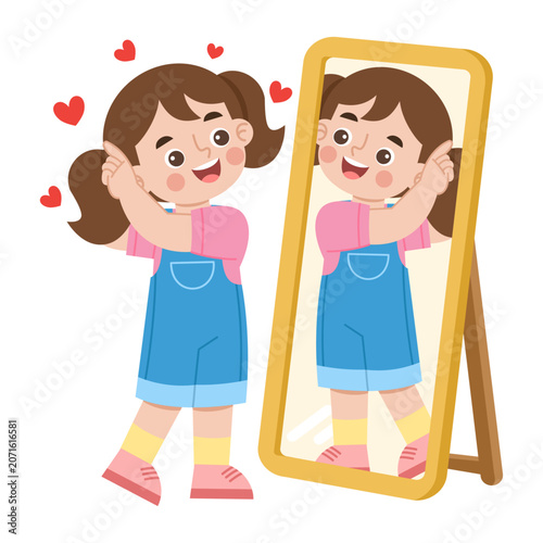 Cute girl tying her hair in front of mirror, adorable flat cartoon illustration