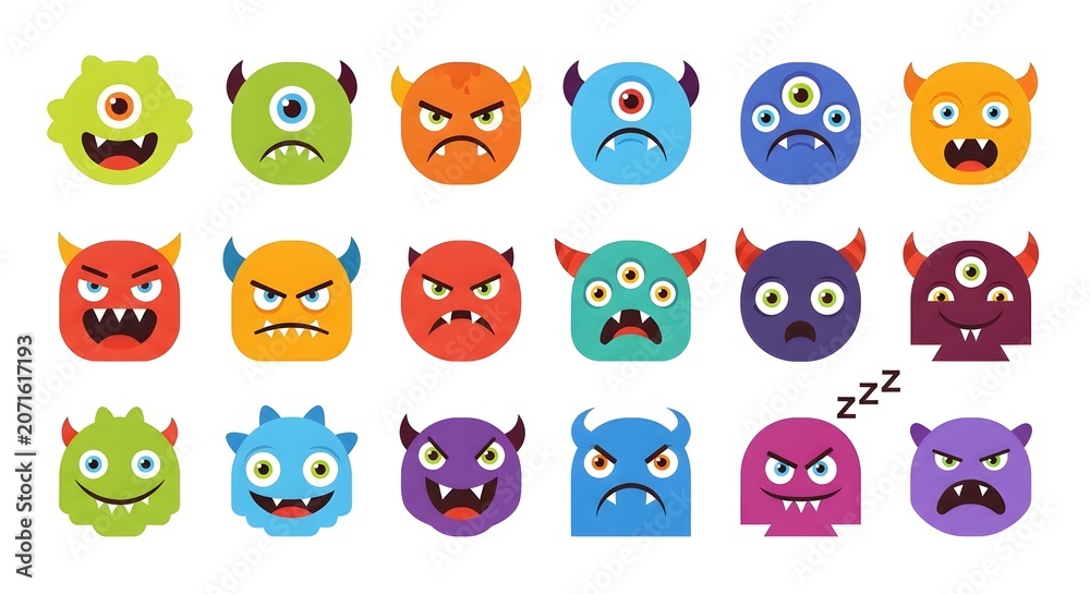 Fototapeta premium Cute colorful monster faces and alien creatures