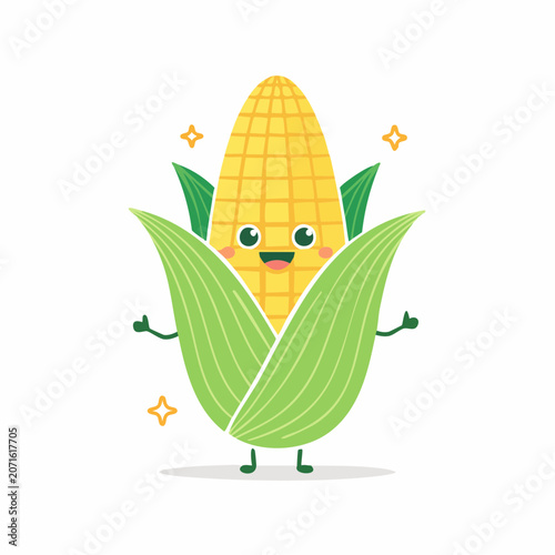 Cute cartoon corn character with leaves and stars