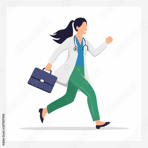 Doctor running with a briefcase and stethoscope