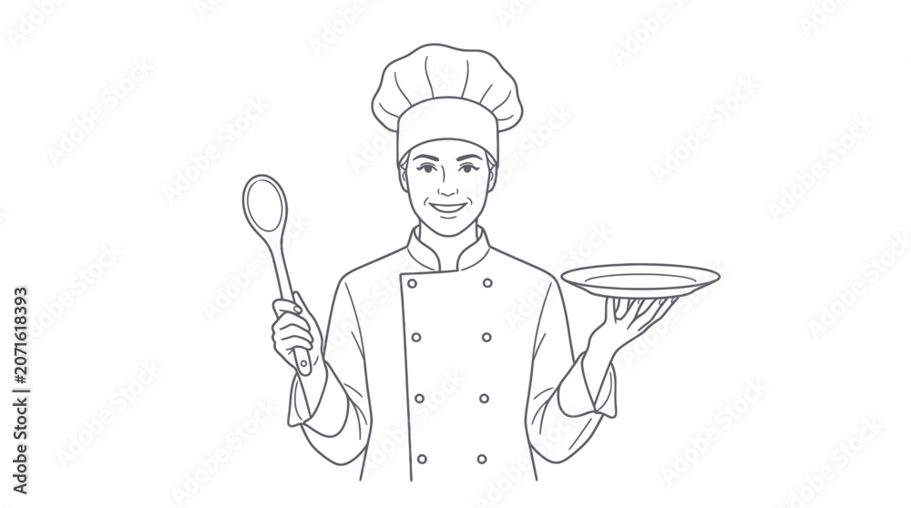 Naklejka premium Female Chef Holding Spoon and Plate Outline Vector