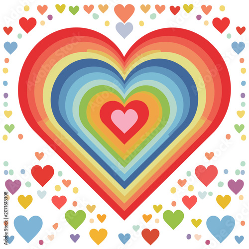 Rainbow concentric hearts with scattered small hearts