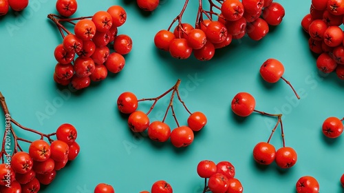Ripe rowan berries sit on a colored surface from above.