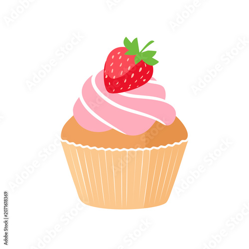 Strawberry Cupcake Flat Vector Illustration