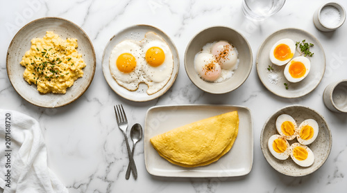 Different Types of Cooked Eggs on a white plate ( omelette, onsen egg, fried egg, boiled egg, ajitama ), food photography