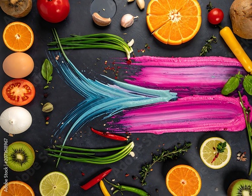 Vibrant colorful food and vegetable arrangement.
