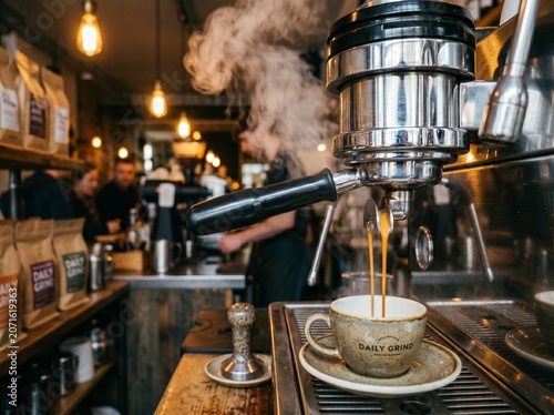 A steaming cup of coffee being poured from an espresso machine in a busy coffee shop with a barista in the background
