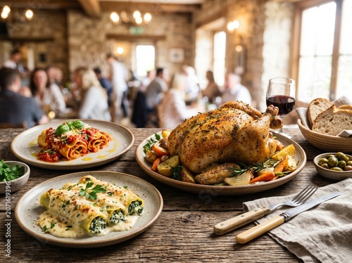 Delicious roasted chicken with pasta and vegetables on a wooden table in a restaurant