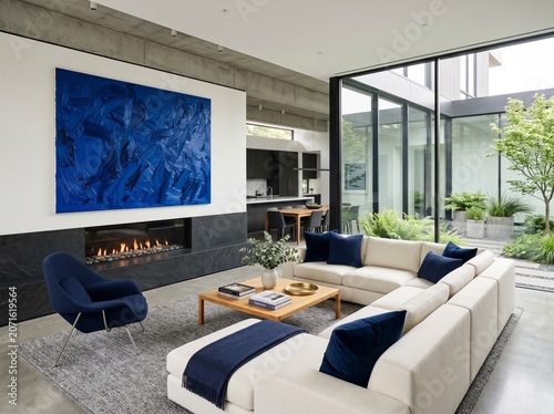 Modern living room with white couch and blue accents, large abstract art on wall