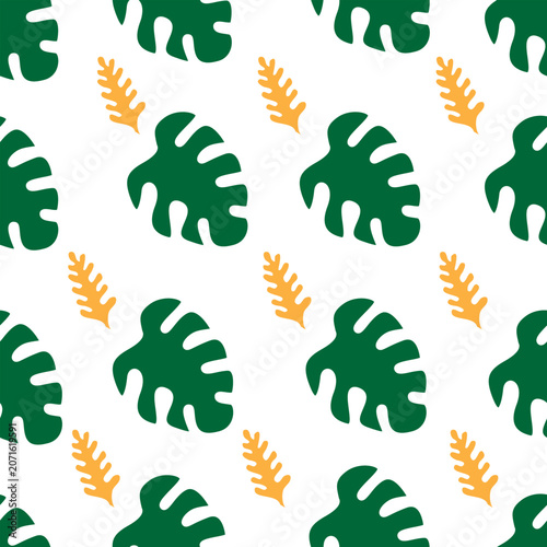 Seamless tropical leaf pattern featuring bold monstera leaves and abstract fern elements arranged in a modern repeating layout on a light background.
