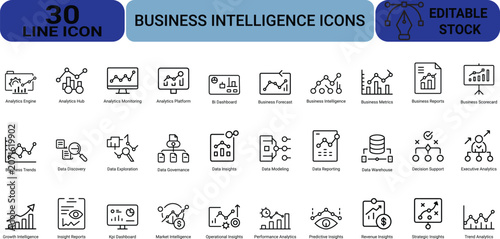 Business intelligence icon set containing thirty thin line vector graphics for data analysis reports insights dashboard and metrics on transparent canvas.