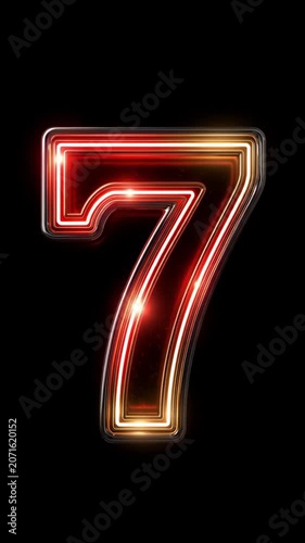 Glowing Neon Number 7 with Glass Texture and Sparkling Light Effects on Black Background 