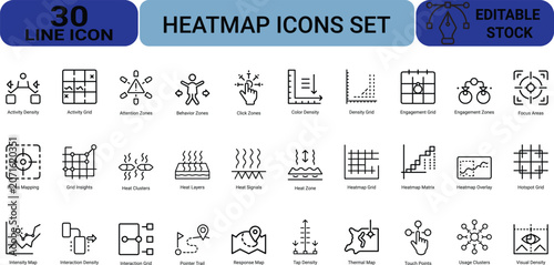 Set of thirty heatmap outline icons representing user behavior interaction density analytics click zones and visual patterns for digital application design.