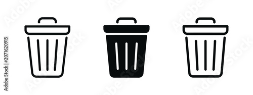 Trash can icon pack featuring outline, solid black and hand drawn rubbish bin symbols for cleaning and sanitation concepts.