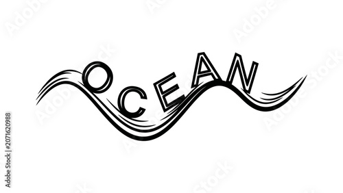 Minimalist ocean word typography vector logo with wavy line art design element for marine branding